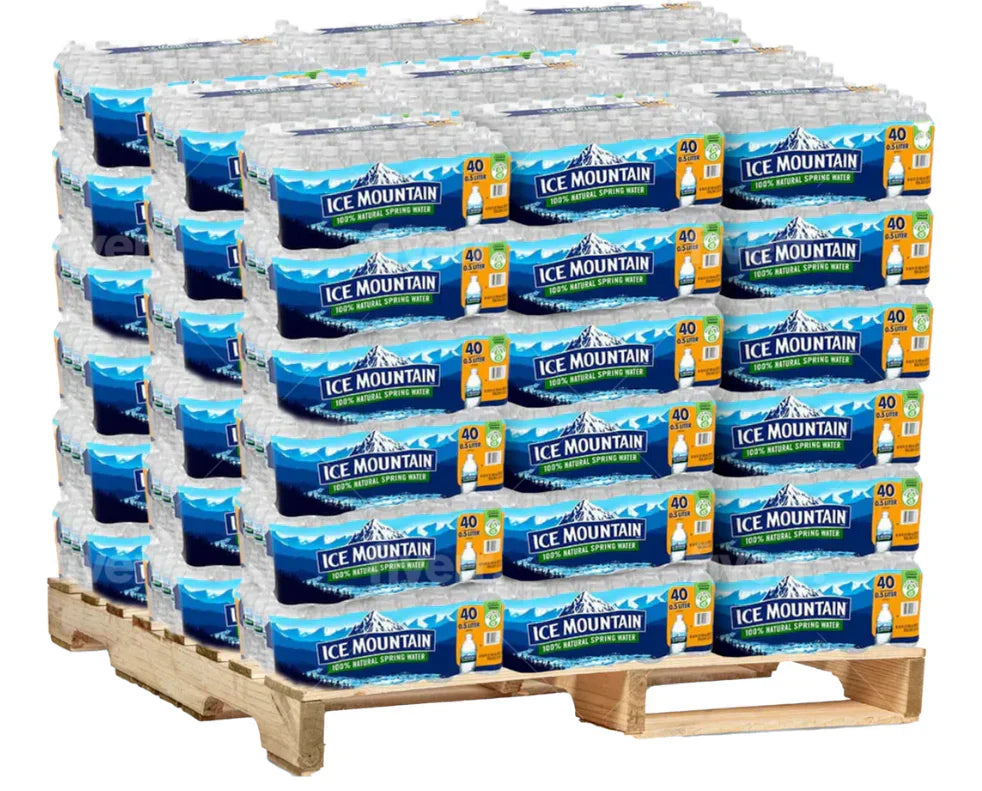 Full pallet of Ice Mountain Natural Spring Water containing 1,920 bottles (48 cases) of 16.9 oz bottles stacked on a wooden delivery pallet.