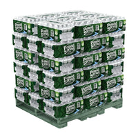 Full pallet of Poland Spring 16.9 oz bottled water with 1,920 bottles stacked in 48 shrink-wrapped cases for commercial delivery.