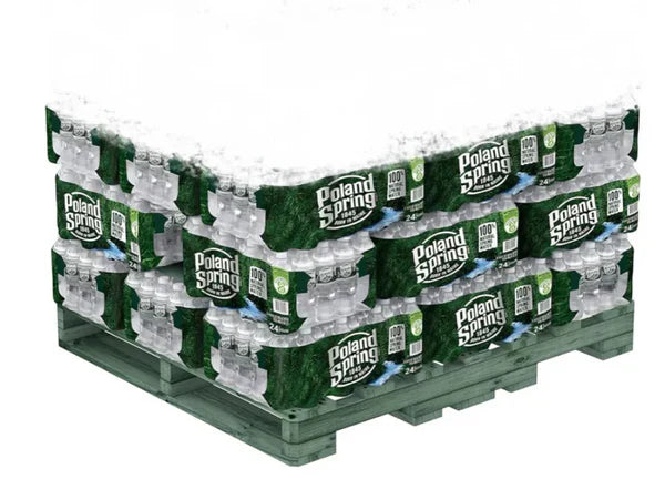 Half pallet of Poland Spring 16.9 oz bottled water with 960 bottles stacked in 24 shrink-wrapped cases, ready for delivery or storage.