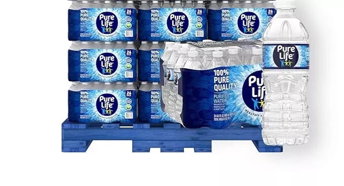 Half pallet of Nestlé Pure Life 16.9 oz purified water, shrink-wrapped for freight delivery, ideal for mid-size business or event hydration.