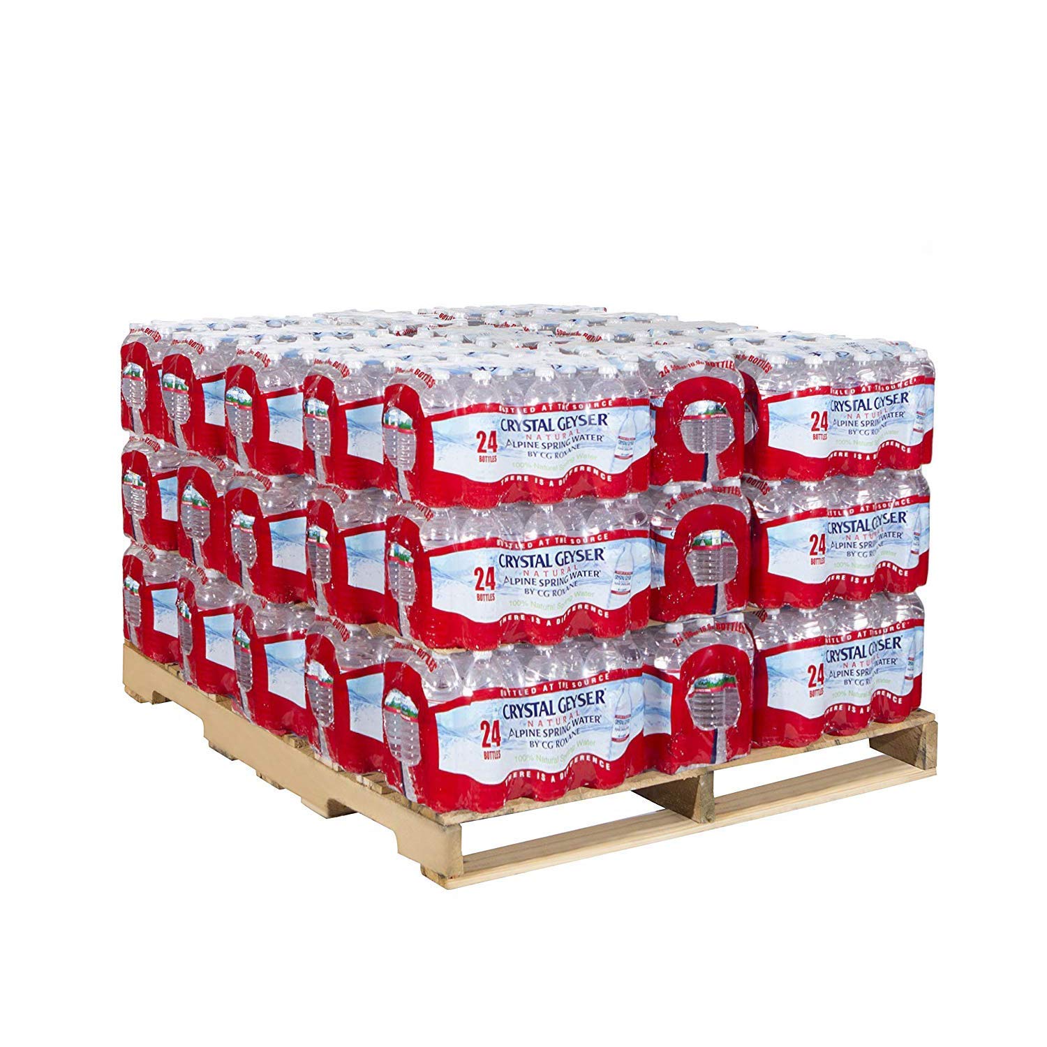 Half pallet of Crystal Geyser spring water with 960 bottles (24 cases) of 16.9 oz bottles stacked and wrapped for delivery or storage.