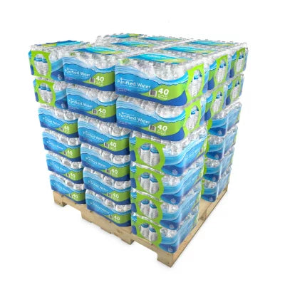 Full pallet of Member’s Mark Purified Water – 48 cases, 1,920 bottles of 16.9 oz each, shrink-wrapped for secure freight delivery.