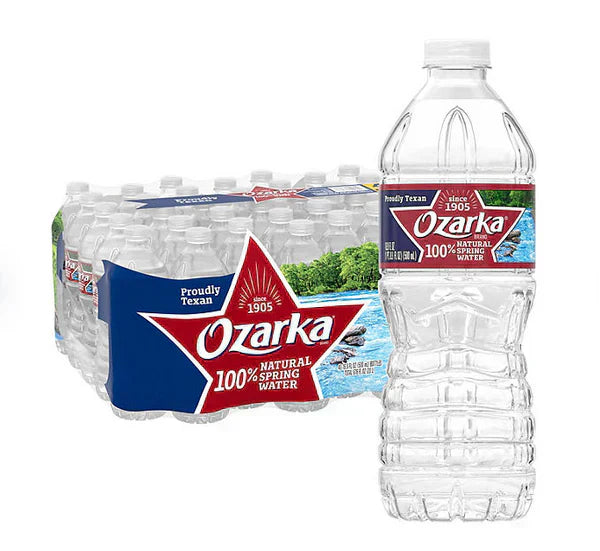 Full pallet of Ozarka Natural Spring Water – 48 cases (1,920 bottles) of 16.9 oz spring water, shrink-wrapped and ready for freight shipping