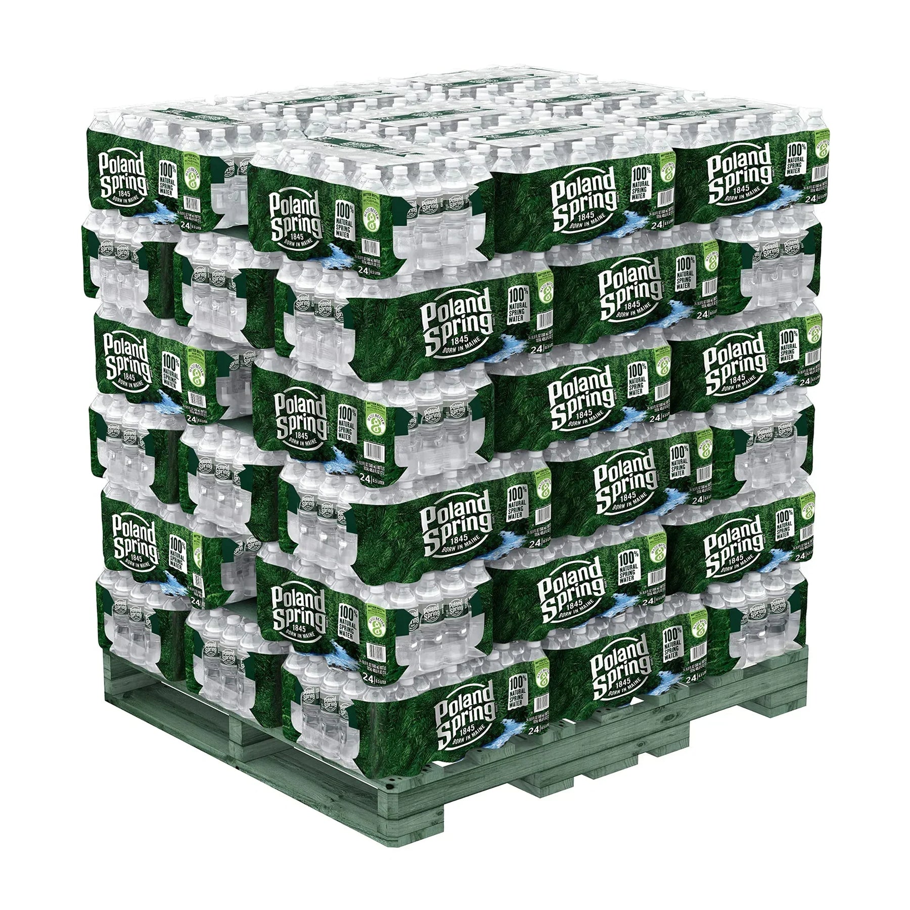 Full pallet of Poland Spring 16.9 oz bottled water with 1,920 bottles stacked in 48 shrink-wrapped cases for commercial delivery.