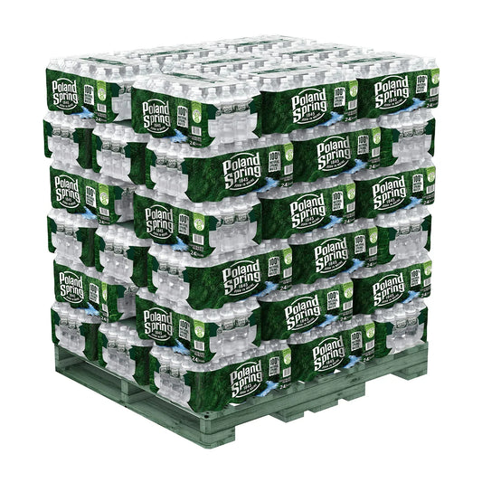 Full pallet of Poland Spring 16.9 oz bottled water with 1,920 bottles stacked in 48 shrink-wrapped cases for commercial delivery.